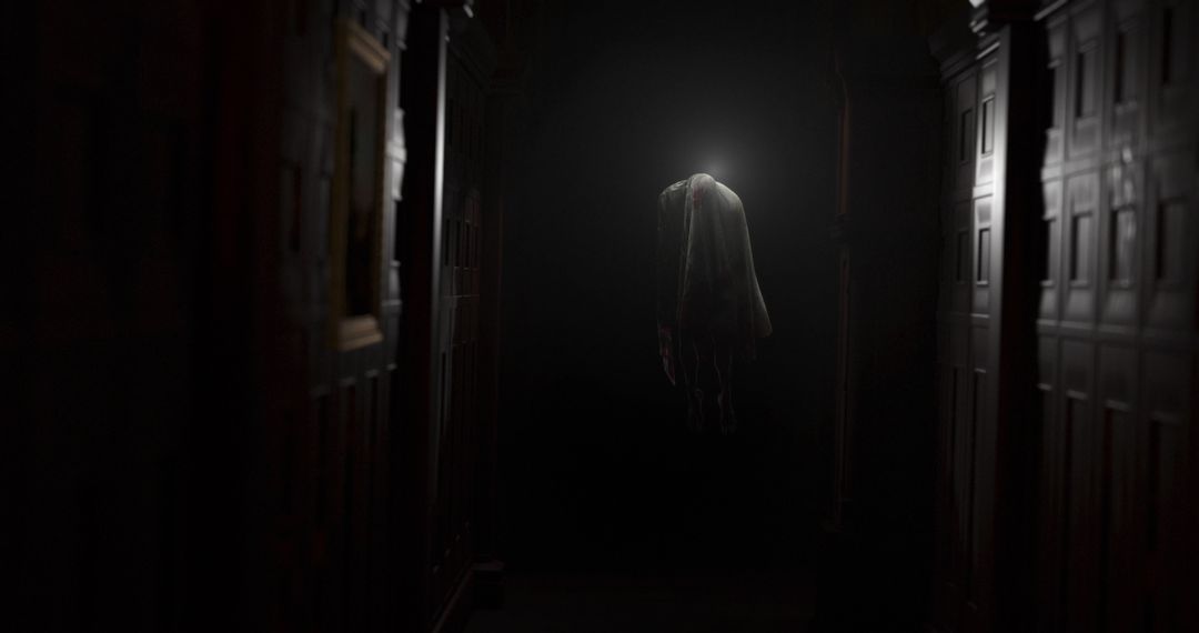Spooky Ghostly Figure Floating in Dark Corridor