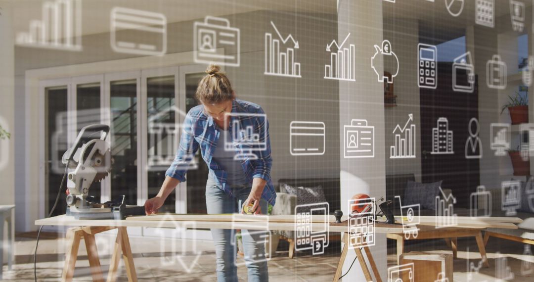 Carpenter Planning Project with Virtual Financial Icons Overlay