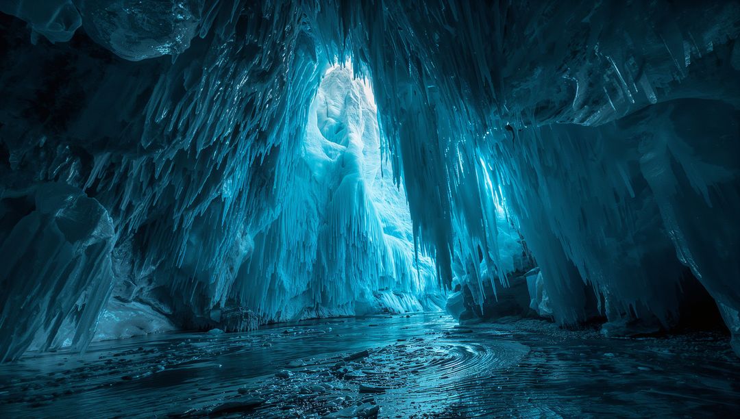 Turquoise Ice Cave with Icicles and Frost Ripples