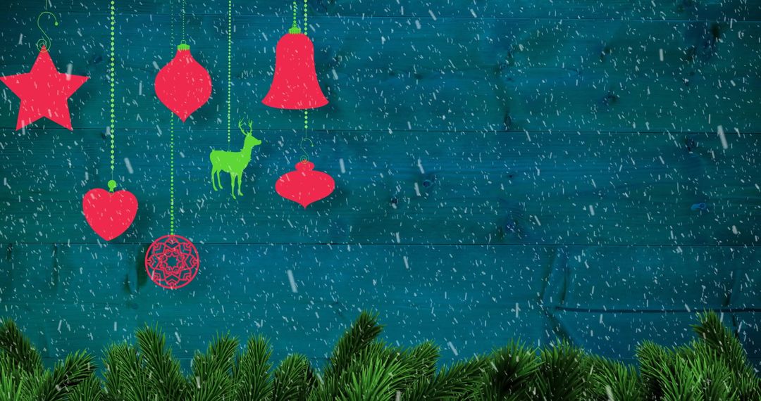 Festive Hanging Christmas Ornaments with Snowfall on Rustic Background