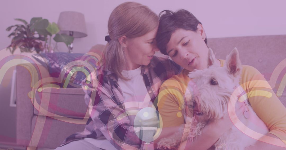 Loving Couple with Dog Surrounded by Heart Decorations at Home