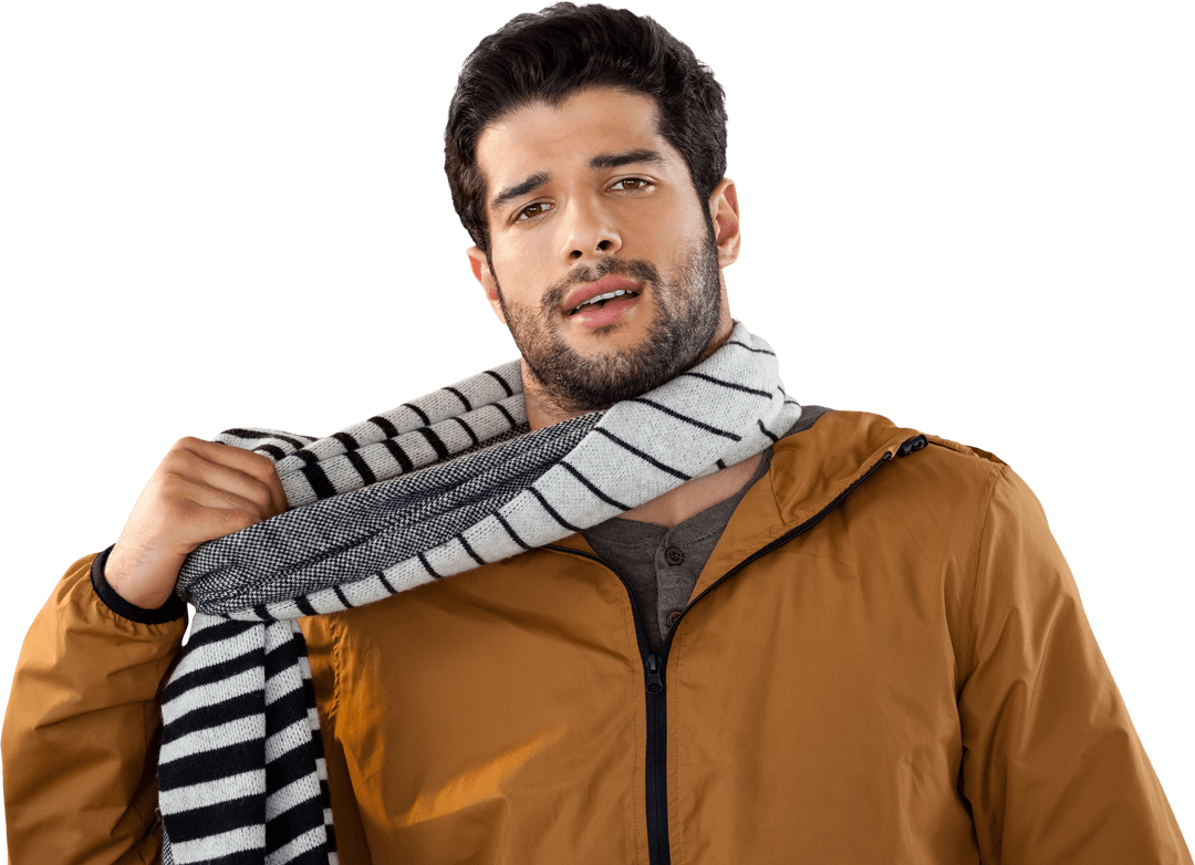 Young Man Wearing Striped Scarf on Transparent Background
