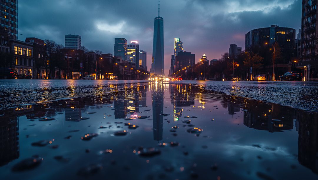 Puddle Reflection of Majestic Urban Skyscraper Amid Moody Nighttime Vibes