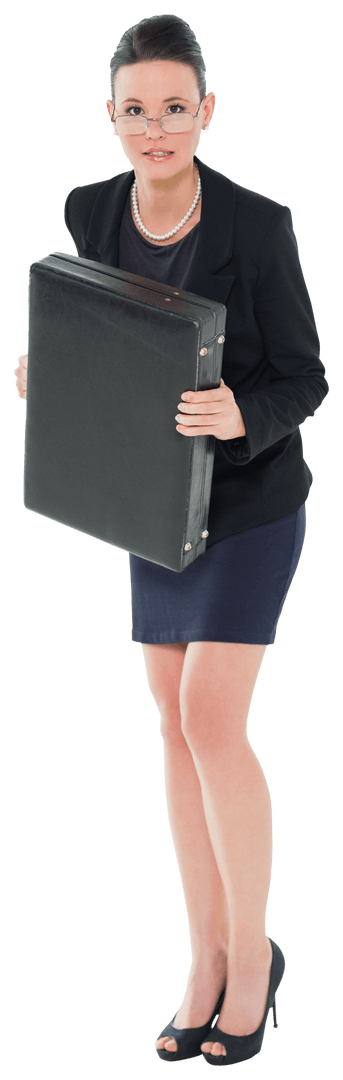 Transparent Businesswoman Holding Briefcase in Professional Attire
