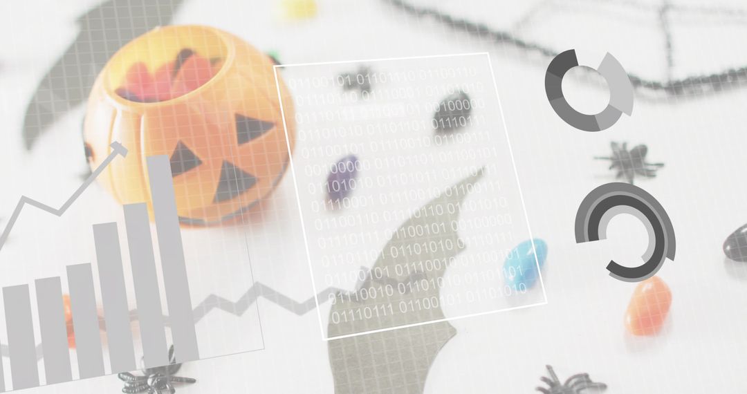 Halloween flatlay with jack-o-lantern bucket, bat silhouette, candy and tech overlays