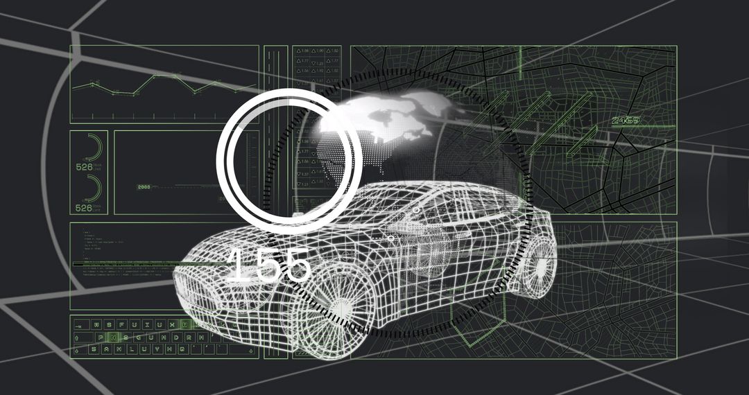 Futuristic 3D Wireframe Car Model with Rotating HUD
