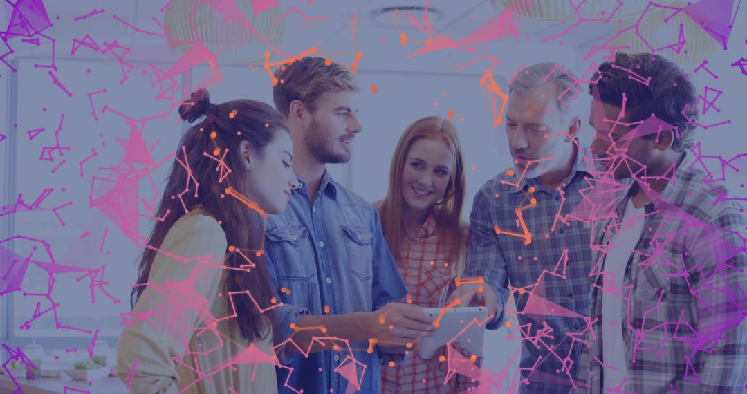 Diverse Team Collaborating on Tablet with Digital Overlay Lens