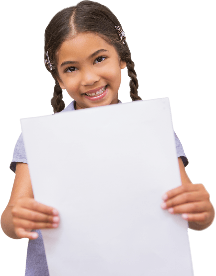 Smiling Young Girl Holding Blank Paper on Transparent Background