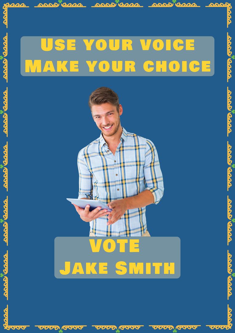 Campaign Poster with Smiling Candidate Using Tablet for Election