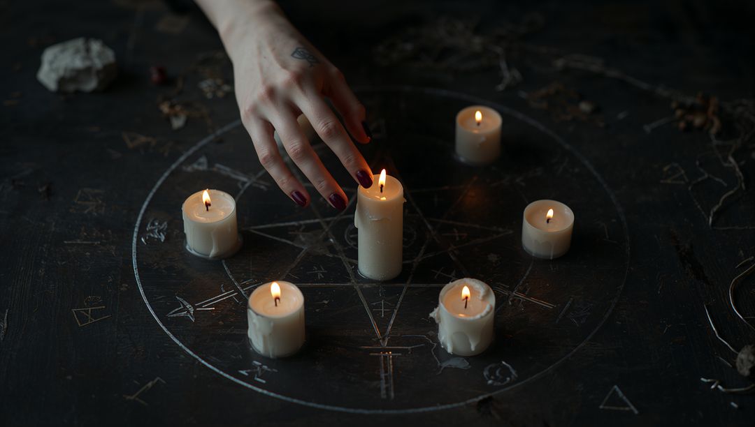 Mystical Pentagram Candle Ritual with Hand in Focus