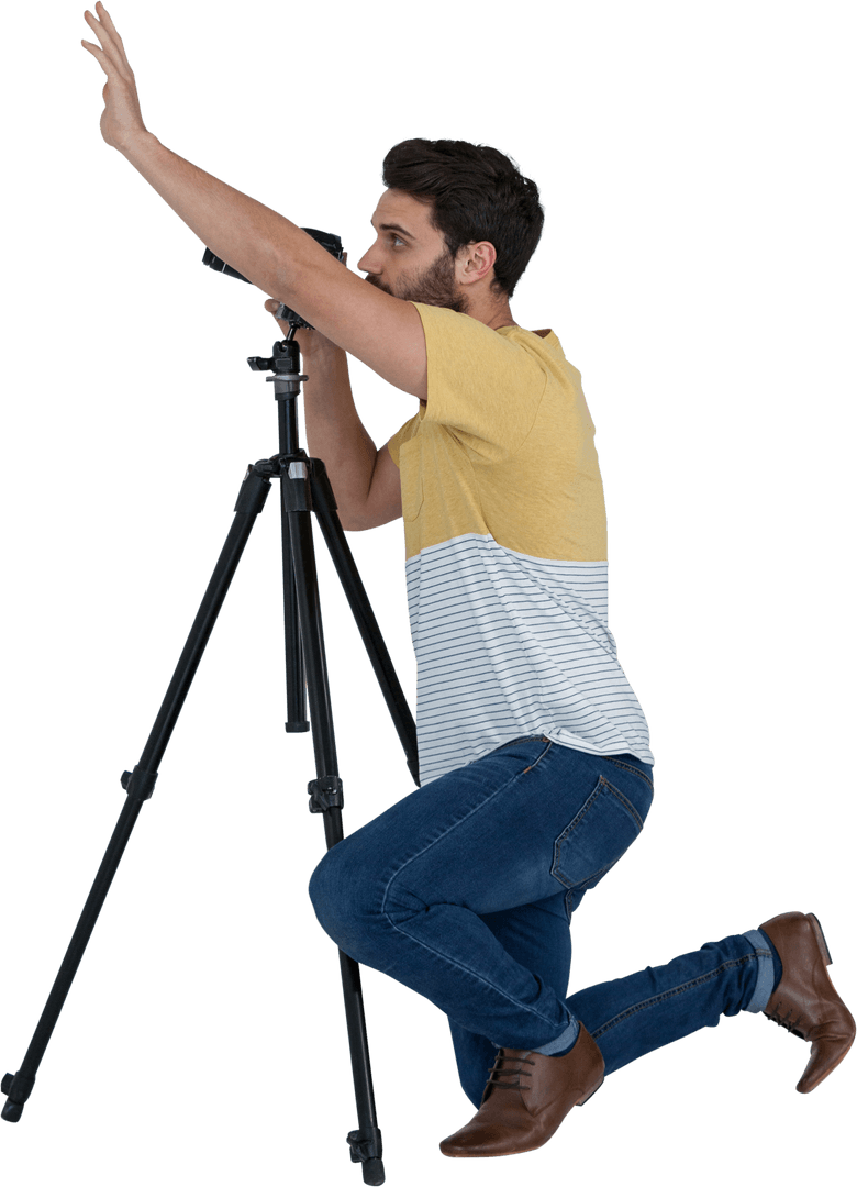 Transparent Side View Photographer Gesturing with Camera Tripod