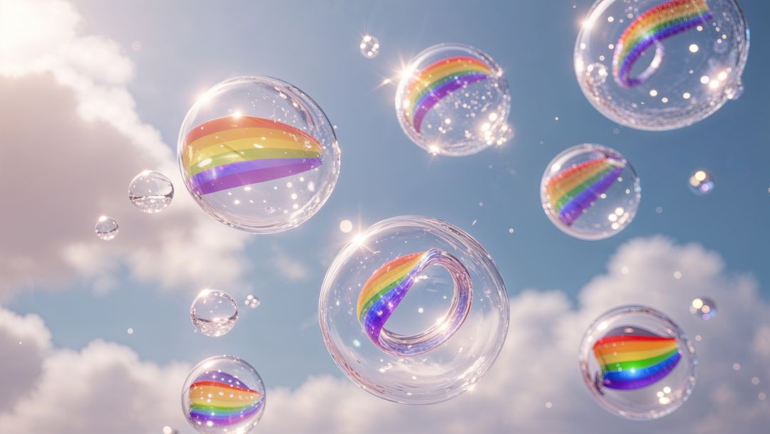 Magical Rainbow Reflections in Floating Soap Bubbles in Blue Sky