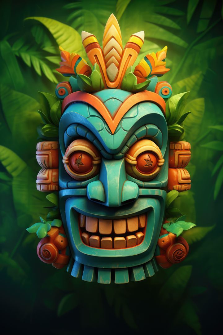Colourful tiki mask over tropical leaves, created using generative ai technology - Free Images, Stock Photos and Pictures on Pikwizard.com