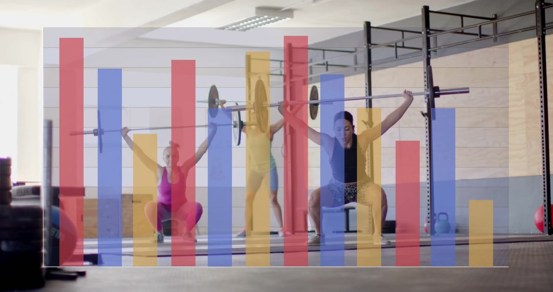 Strong Women Lifting Weights with Data Overlay in Gym