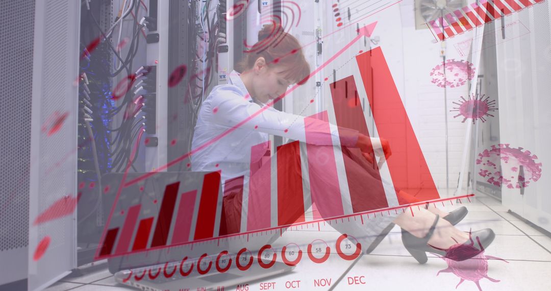 Stressed Female Worker in Data Center with Overwhelming Digital Graphics