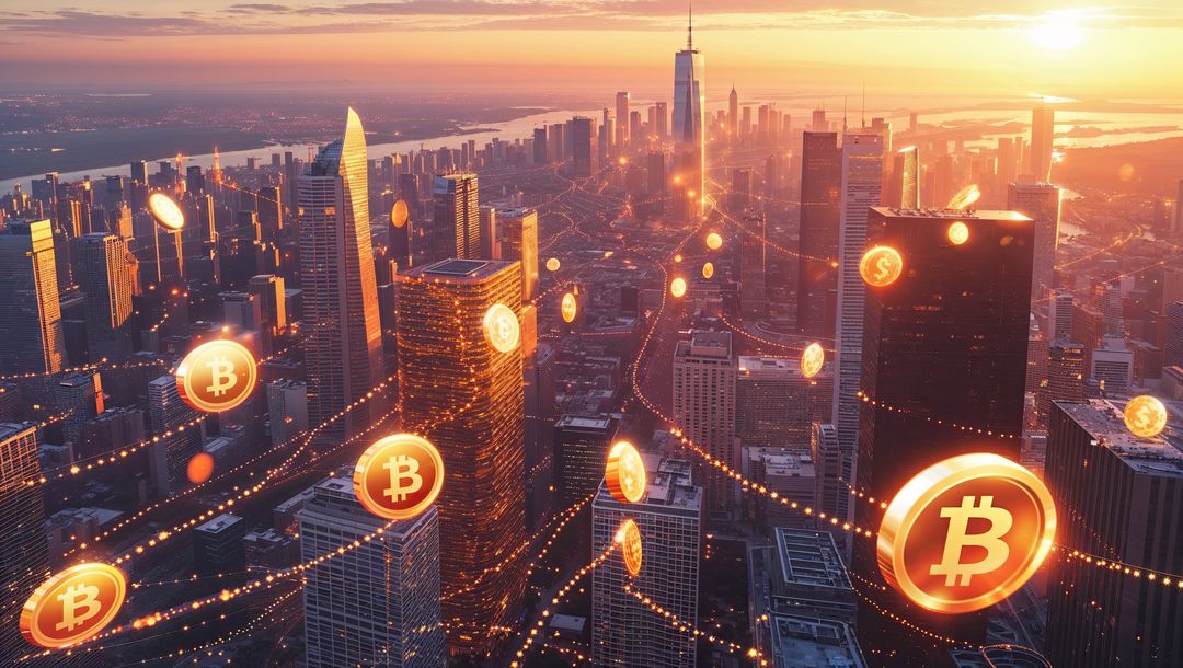 Futuristic Bitcoin Cryptocurrency Network Over Cityscape at Sunset