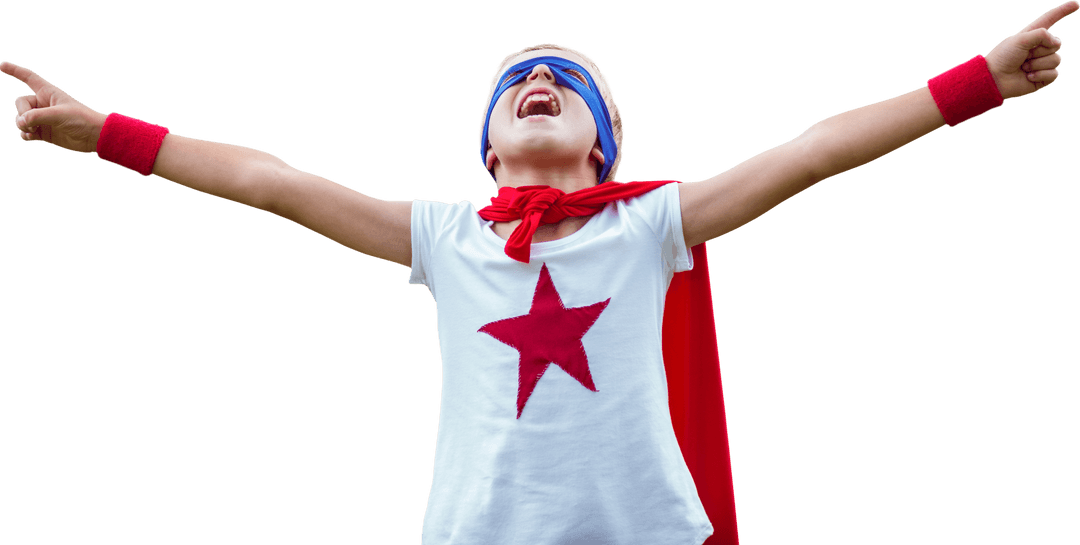 Joyful Boy Pretending to Be Superhero with Transparent Background