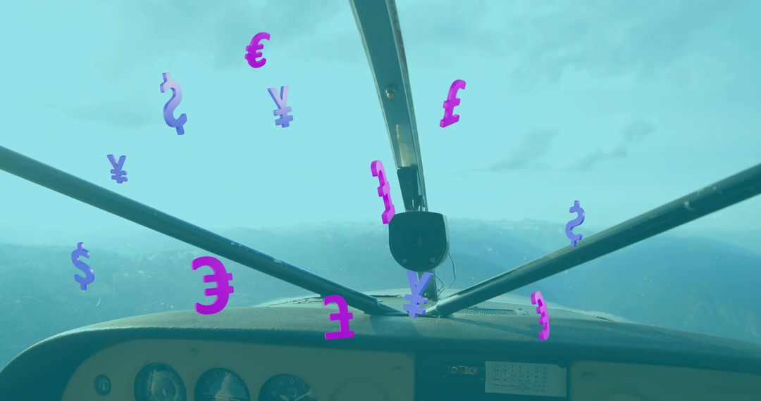 Currency Symbols Floating in Airplane Cockpit Over Mountain Peaks