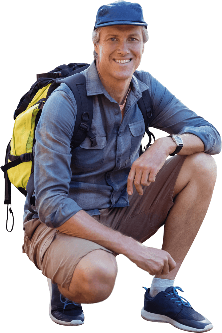 Transparent Crouching Hiker with Backpack Smiling Outdoors