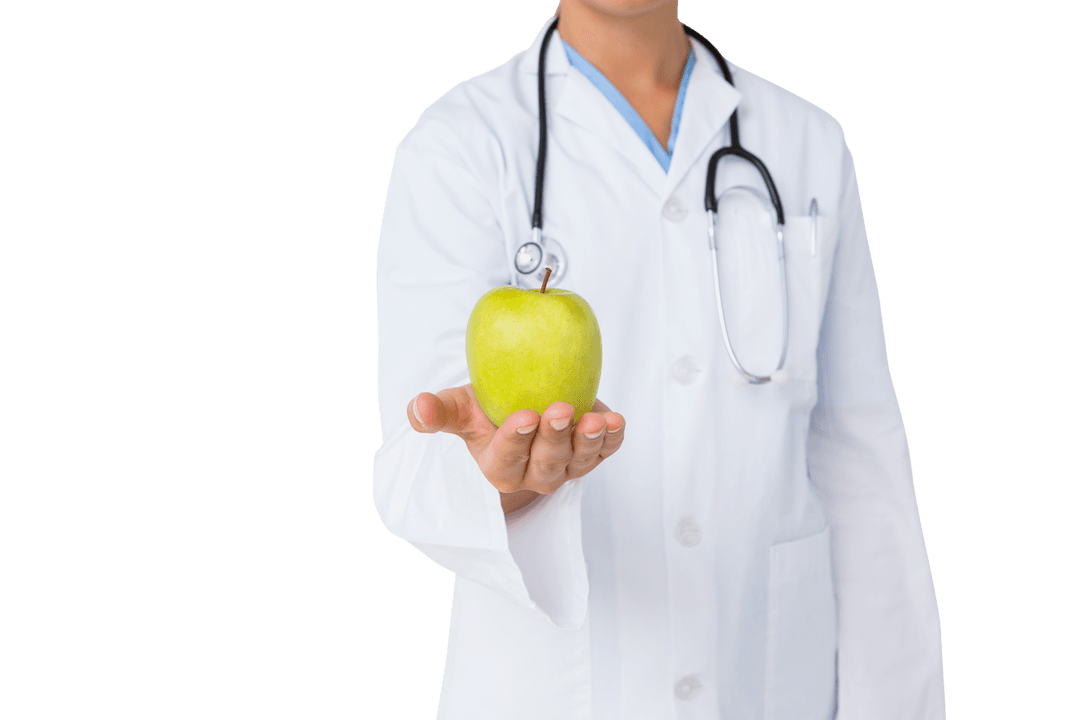 Doctor Showing Green Apple Promoting Healthy Eating on Transparent Background