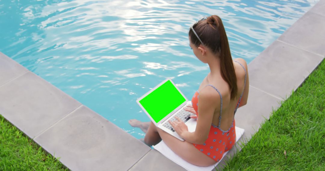 Woman Working on Laptop Near Poolside in Summer - Free Images, Stock Photos and Pictures on Pikwizard.com