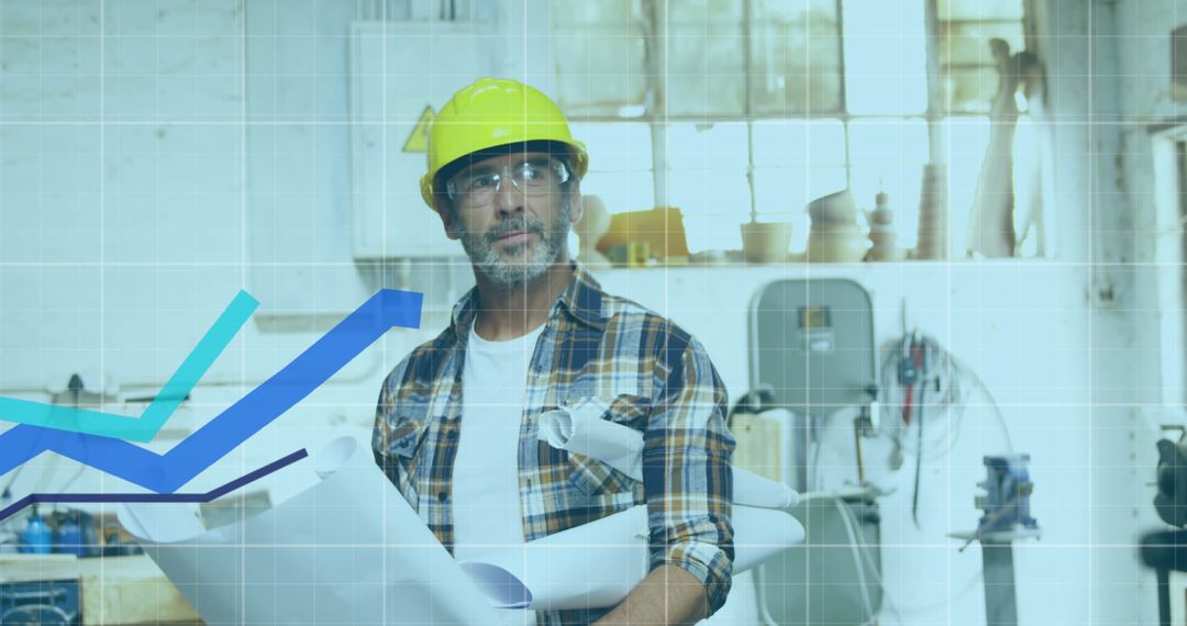 Engineer Holding Blueprints with Financial Growth Overlay