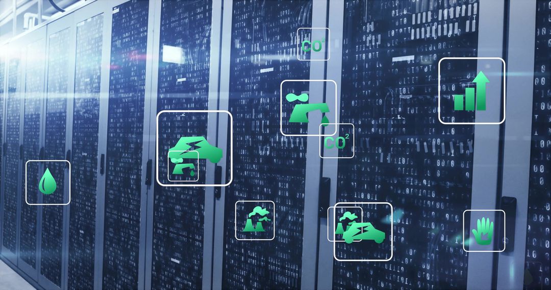 Data Center Aisle with Eco-Friendly Digital Icons and Binary Code