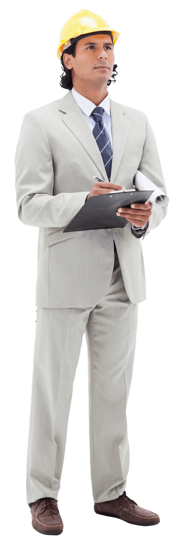 Confident Engaged Businessman in Helmet with Clipboard