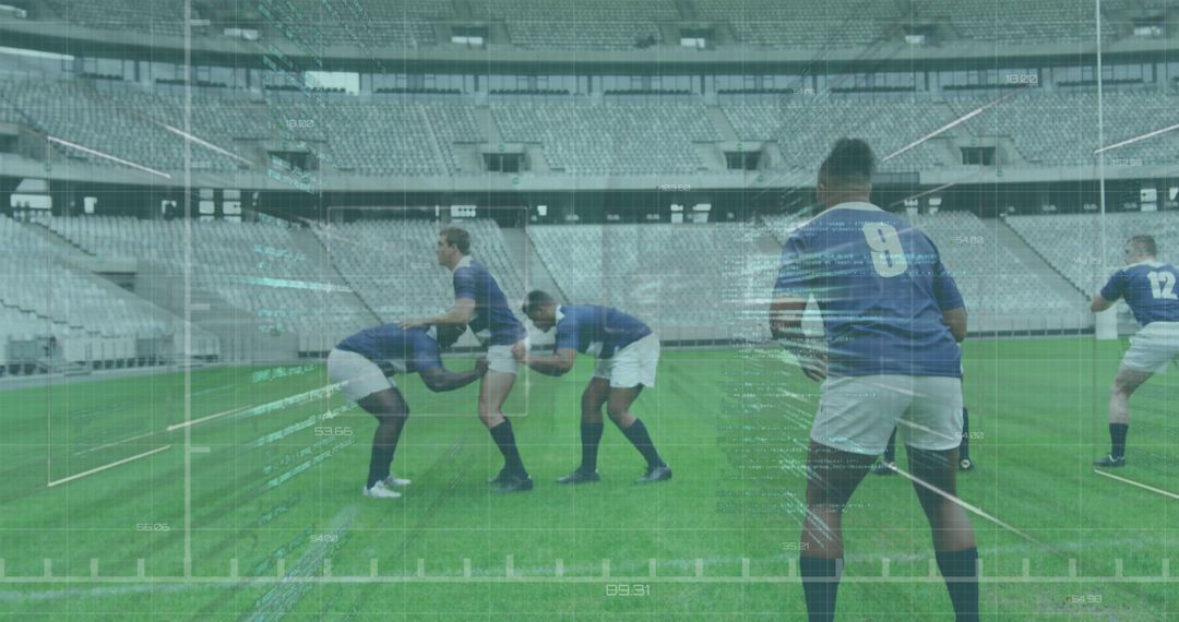 Rugby Players Practicing in Futuristic Stadium with Holographic Overlays - Free Images, Stock Photos and Pictures on Pikwizard.com