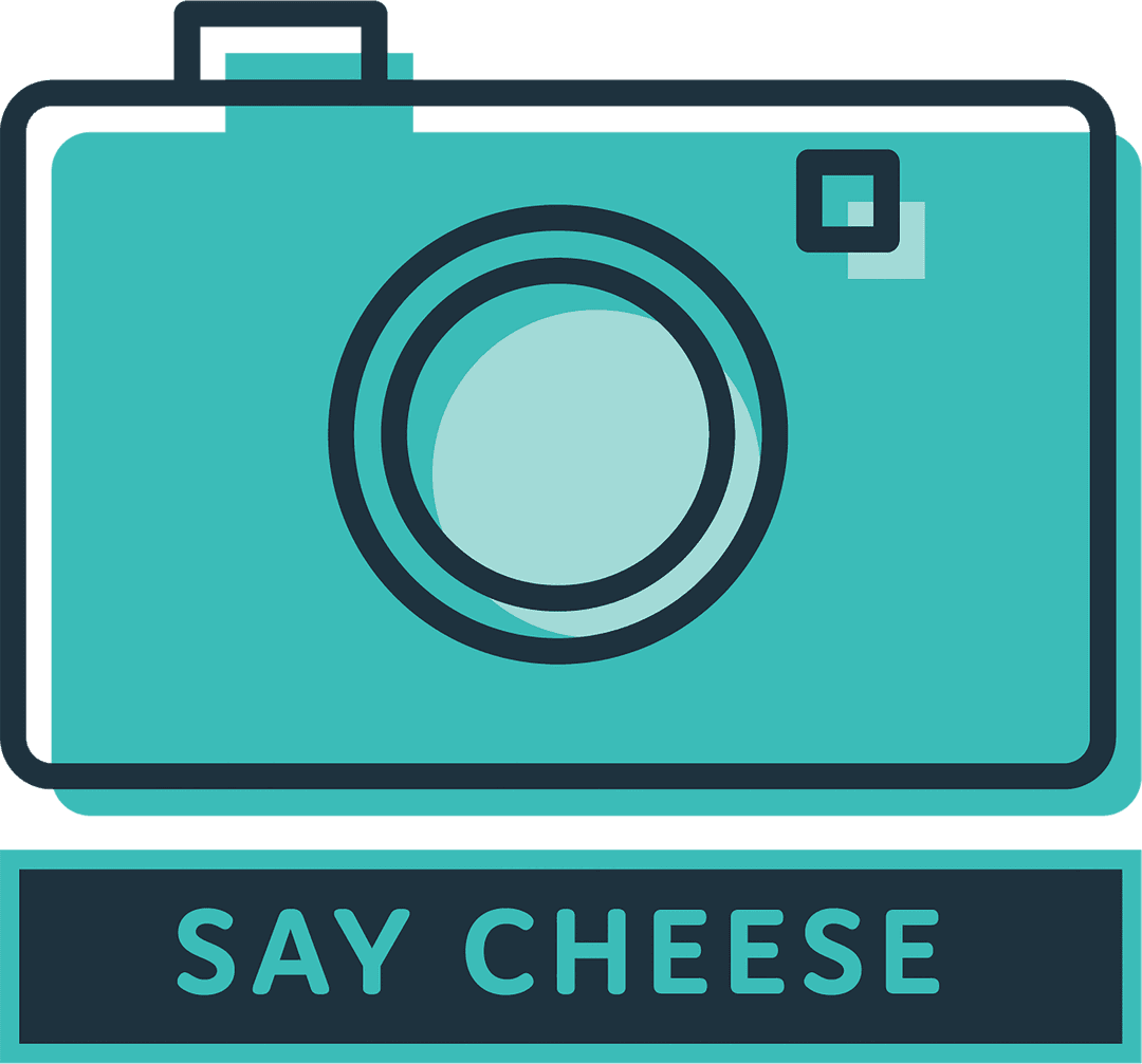 Digital Camera Icon with Say Cheese Text on Transparent Background