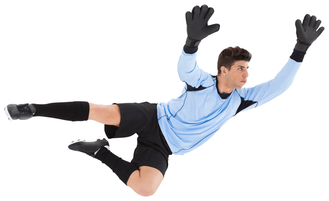 Dynamic Soccer Goalkeeper Jumping on Transparent Background