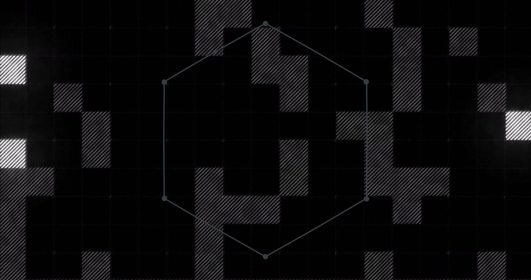 Hexagon and Pixelated Squares on Black Digital Grid Background
