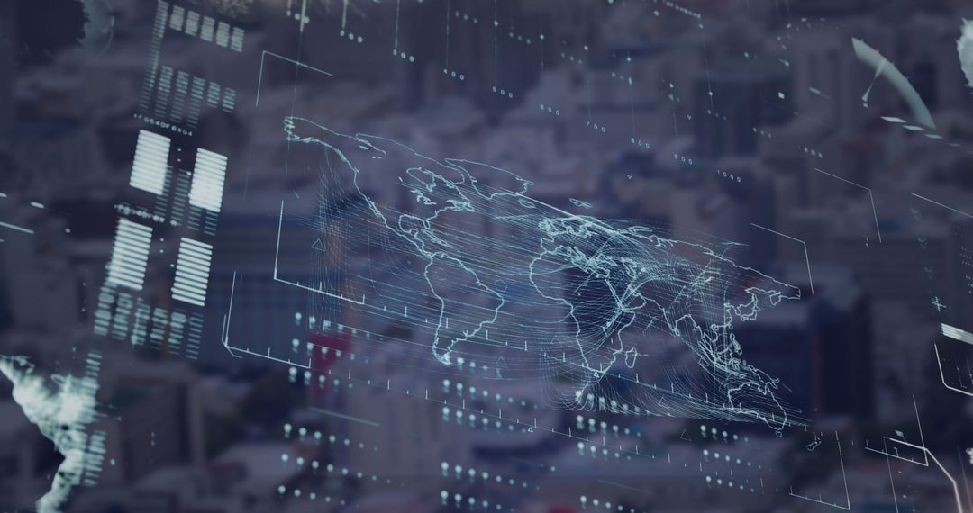 Digital Globe Graphics Overlaying Futuristic Cityscape