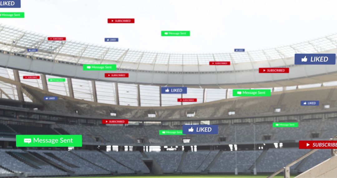 Digital Icons Hovering Over Empty Sports Stadium
