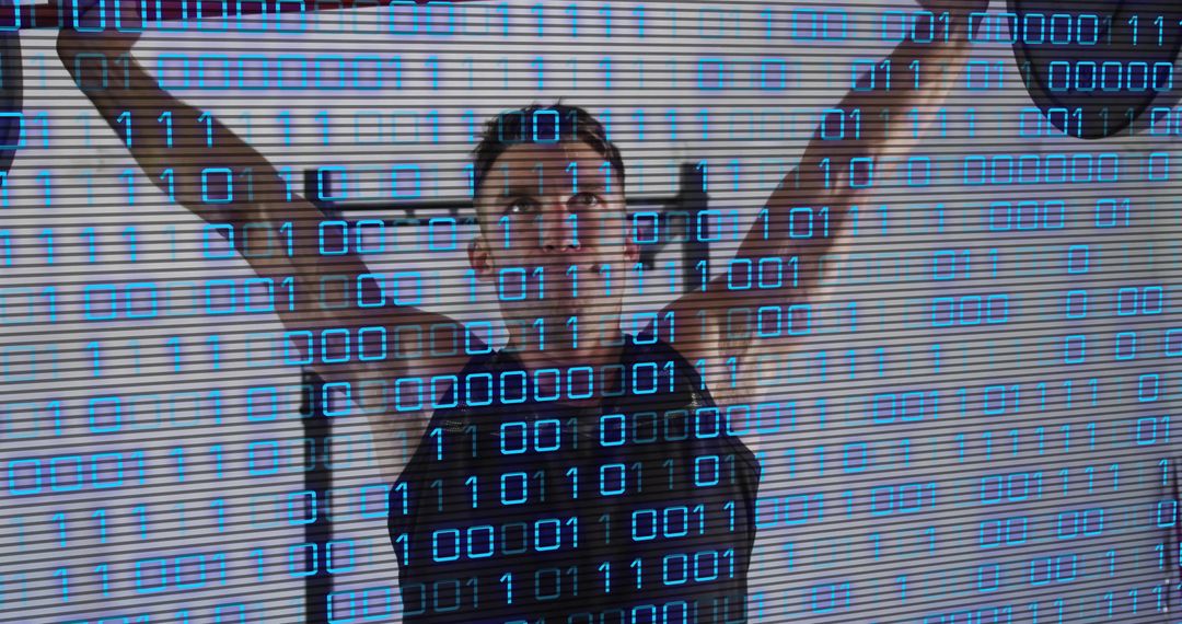 Lifting athlete holding barbell overhead with blue binary overlay for tech-driven training