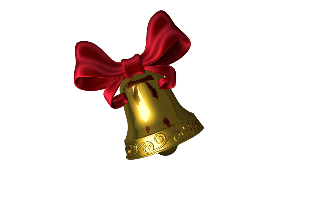 Gold Christmas Bell with Decorative Red Ribbon on Transparent Background