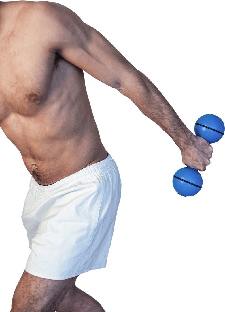 Transparent Muscle Definition with Man Holding Blue Dumbbell