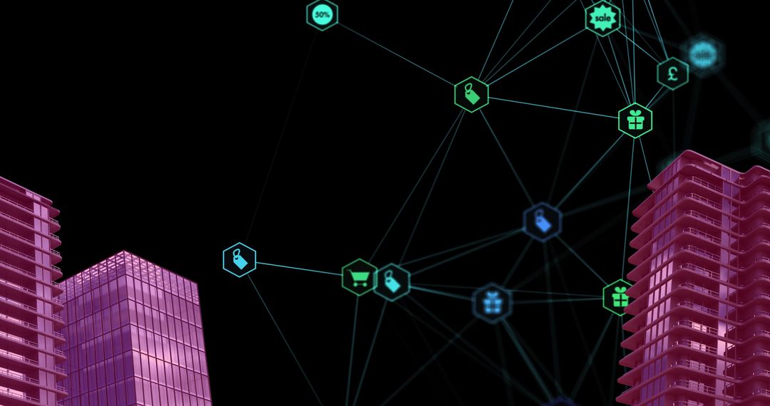 Digital Network Infographic with Modern Glass Buildings