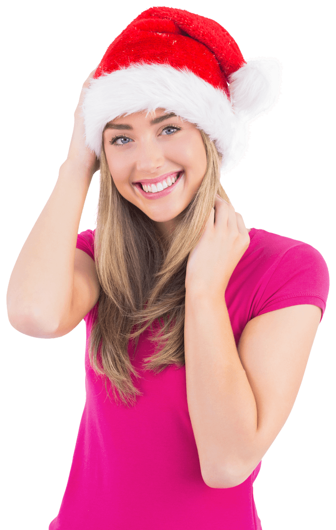 Festive Blonde Wearing Santa Hat Smiling Isolated on Transparent Background