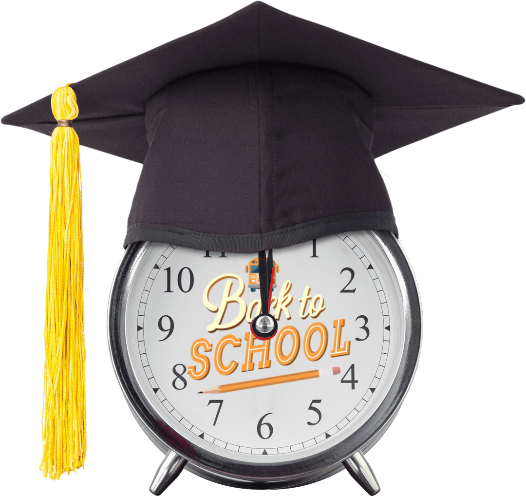 Back to School Clock with Graduation Cap on Transparent Background