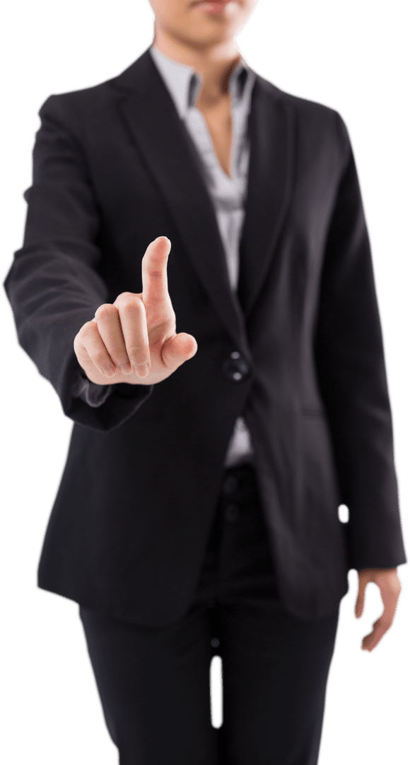 Transparent businesswoman pressing futuristic virtual screen interface