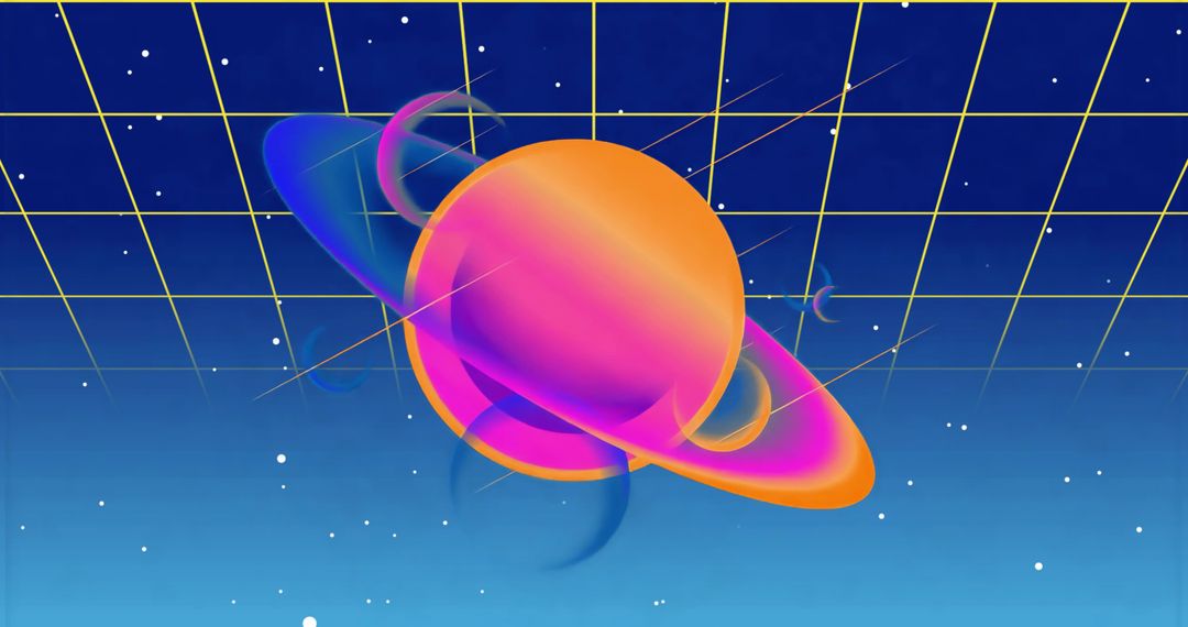 Neon Ringed Planet Orbiting Moons Over Retro Yellow Wireframe Grid in Synthwave Space