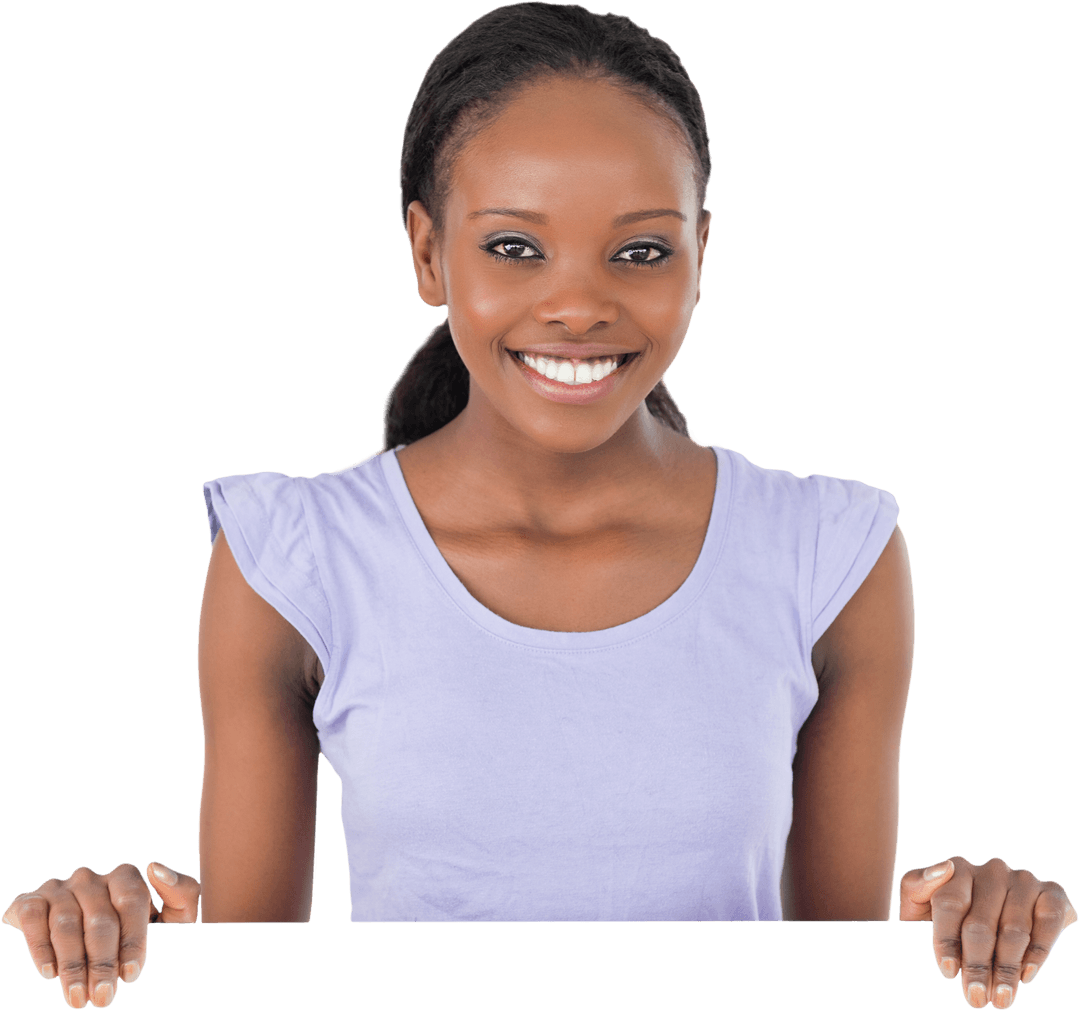 Smiling Young Woman Displaying Blank Transparent Card