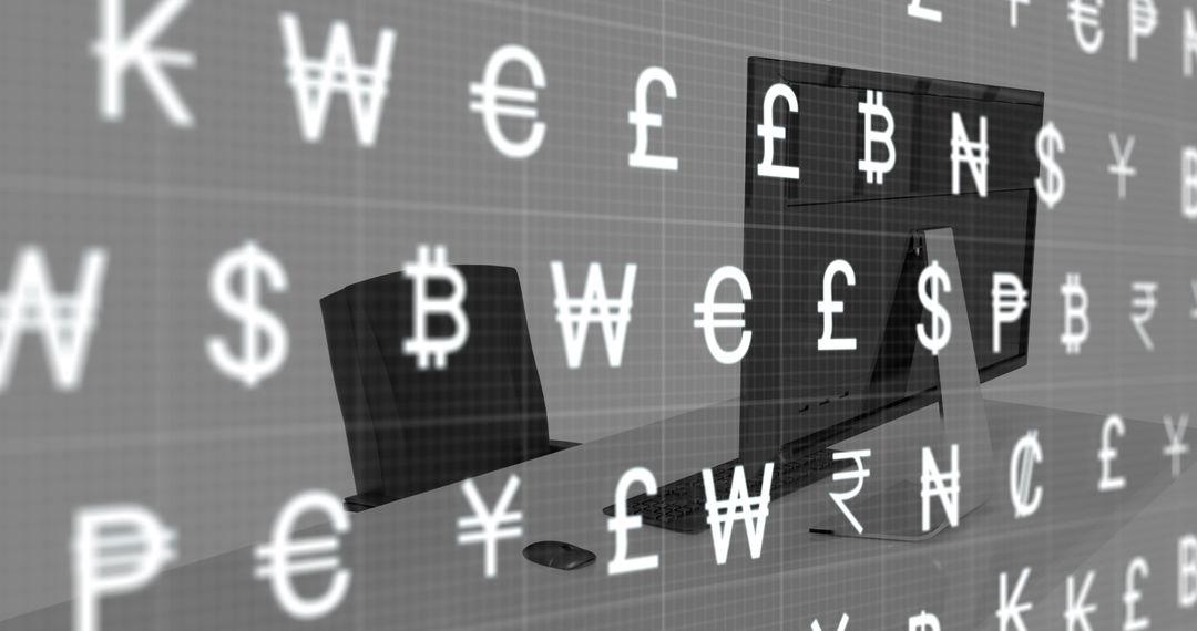 Currency Symbols Overlaying Modern Office Workspace with Computer Screens