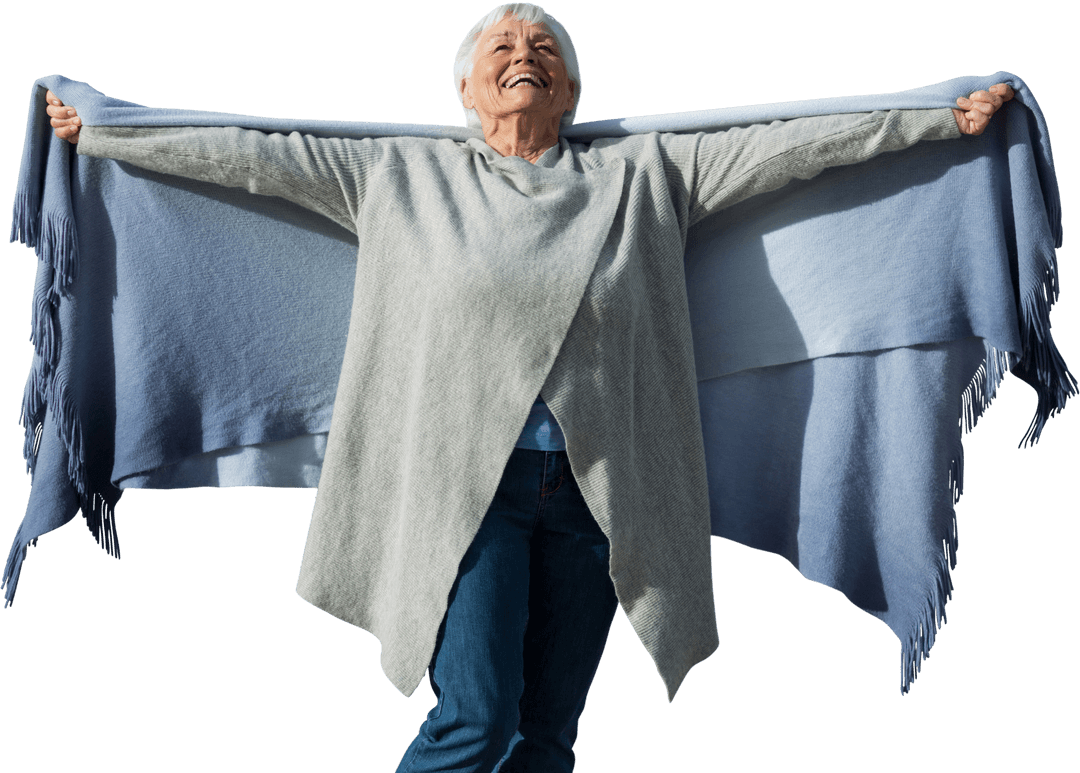 Joyful Senior Woman with Open Arms Transparent Background