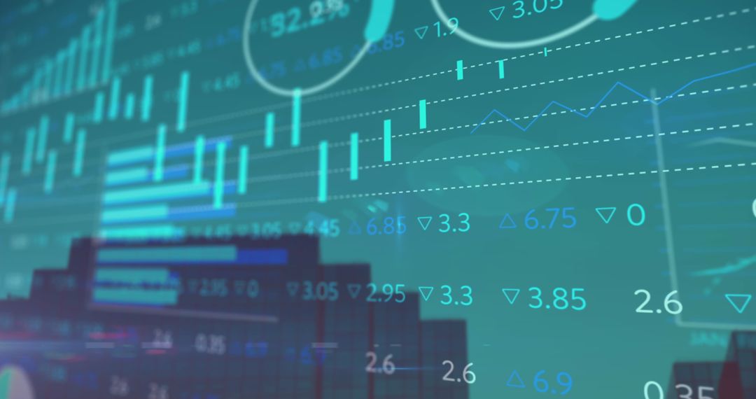 Abstract Financial Data Overlay on Office Building Background