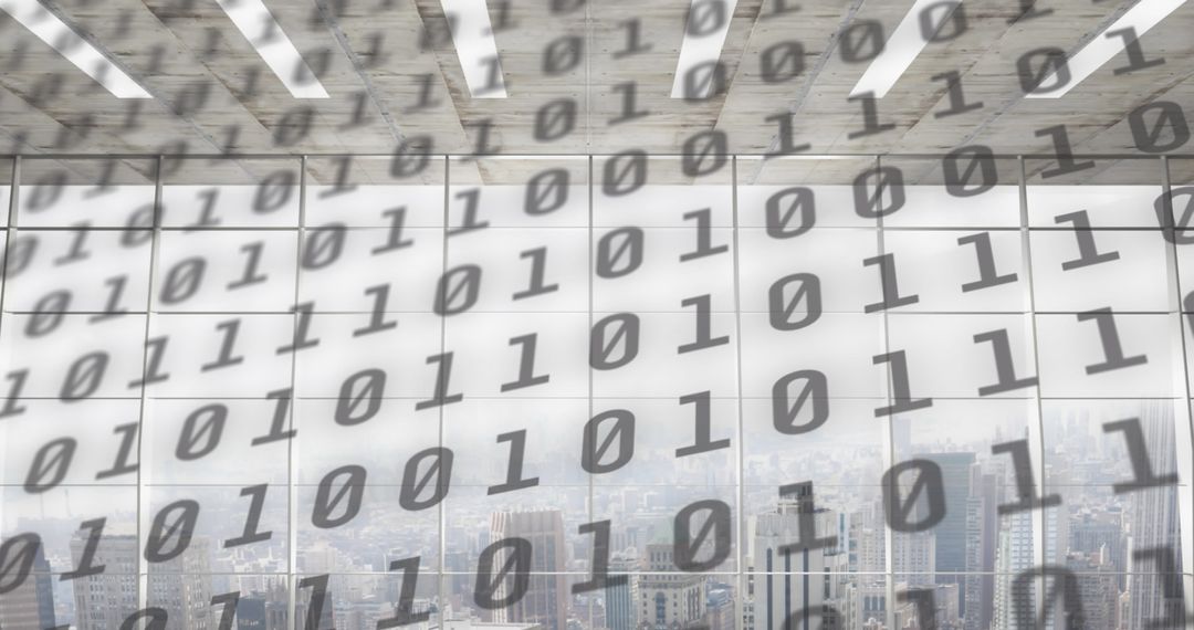 Binary Code Overlay on Cityscape Symbolizing Digital Connections