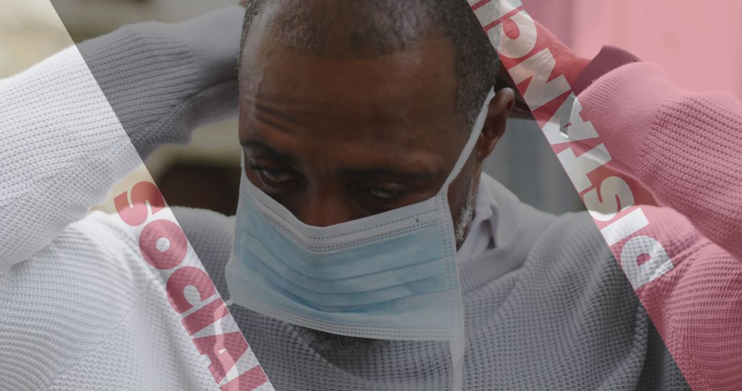 Man Adjusting Face Mask with Social Distancing Text Overlay