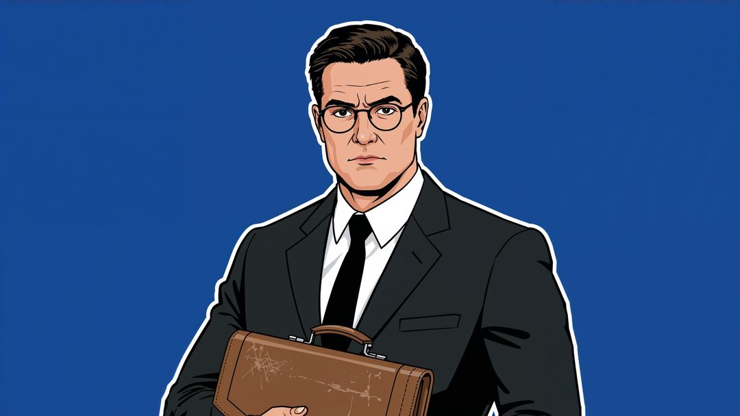 Professional prosecutor businessman with briefcase on blue backdrop