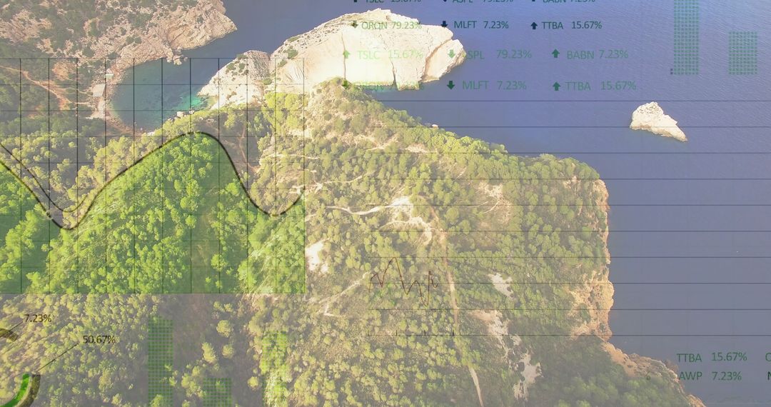 Aerial View of Coastal Landscape with Overlaid Data Charts
